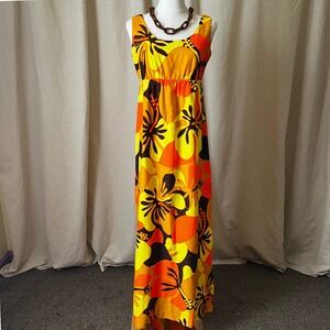 Vintage 70s Pomaré Tahiti Orange Yellow Hibiscus Maxi Dress XS Honolulu